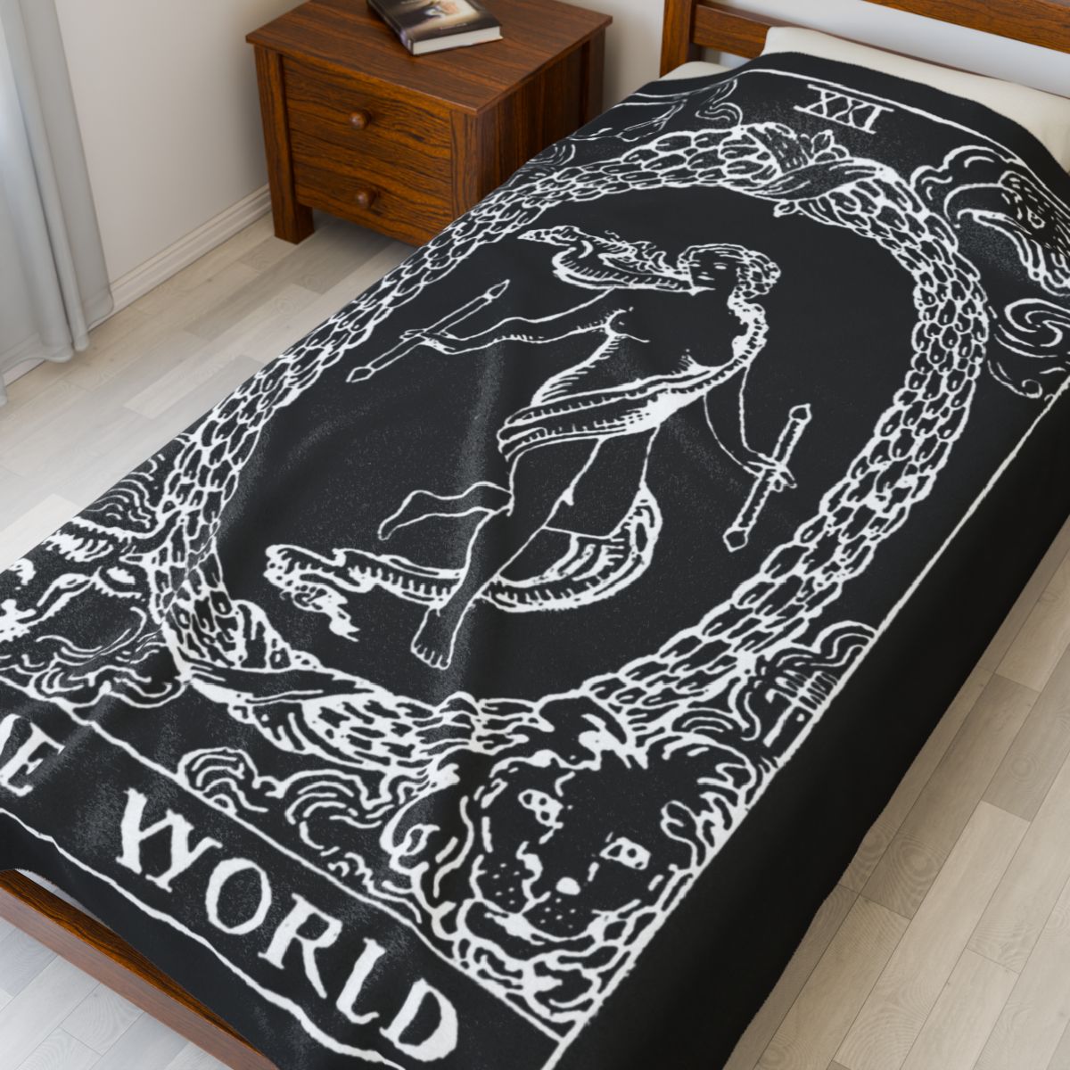 21 - The World White on Black Tarot Card Velveteen Plush Blanket 