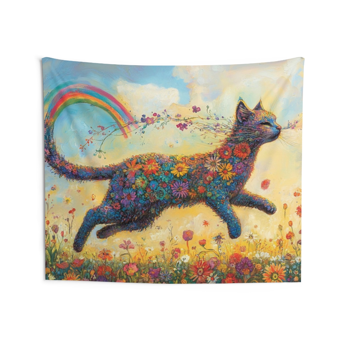 Beautiful Floral Leaping Cat Tapestry