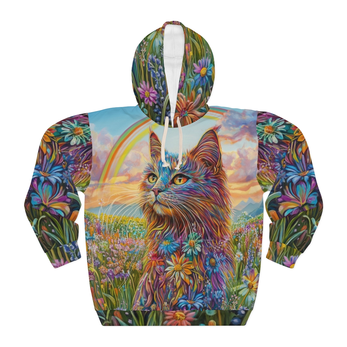 Beautiful Floral Cat Art Pullover Hoodie