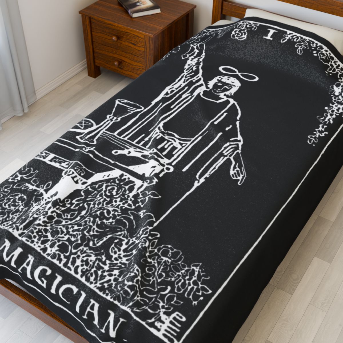 1 - The Magician White on Black Tarot Card Velveteen Plush Blanket 
