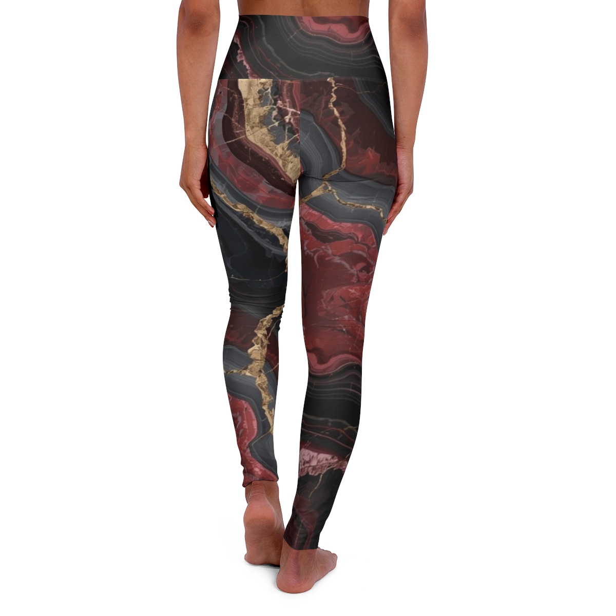 Stunning Black Red Gold Marble High Waisted Leggings