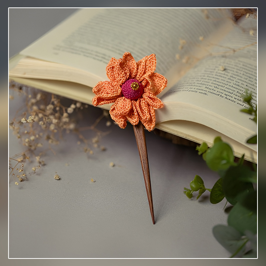 Handmade Crochet Hair stick - Mustard Camelia by Design Dhaga