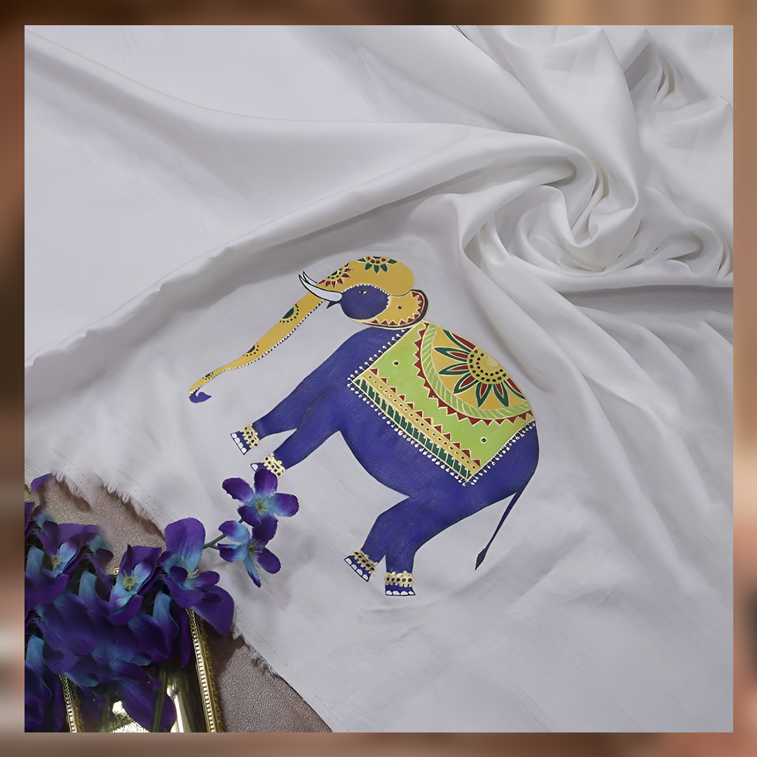 Off White Hand Painted Cotton Satin Elephant Design Blouse with elephant design