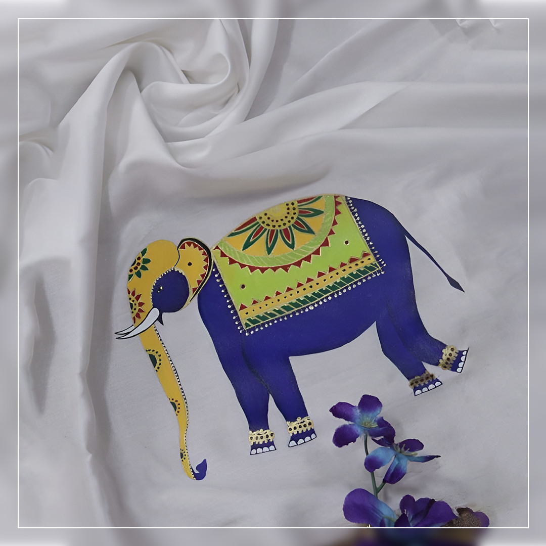 Off White Hand Painted Cotton Satin Elephant Design Blouse with elephant design
