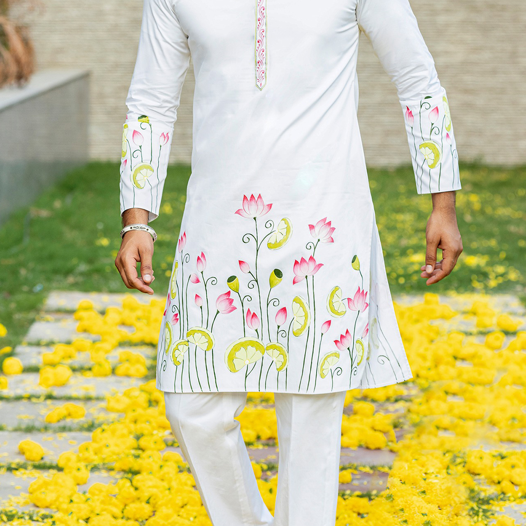 Hand Painted White Men’s Kurta Pajama