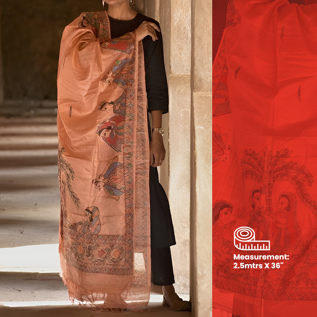 Madhubani Hand-painted Salmon Tussar Silk Dupatta Created By Design Dhaga