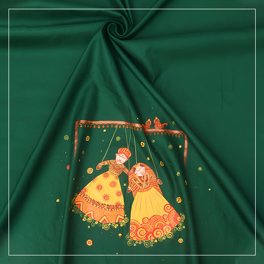 Green Hand Painted Design By Design Dhaga Cotton Satin Blouse Fabric