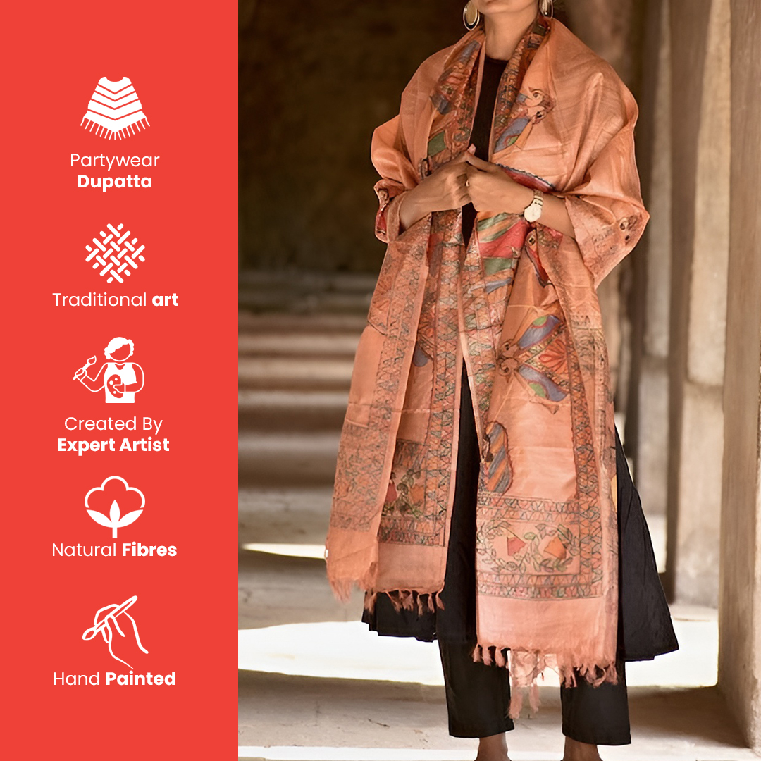 Madhubani Hand-painted Salmon Tussar Silk Dupatta Created By Design Dhaga