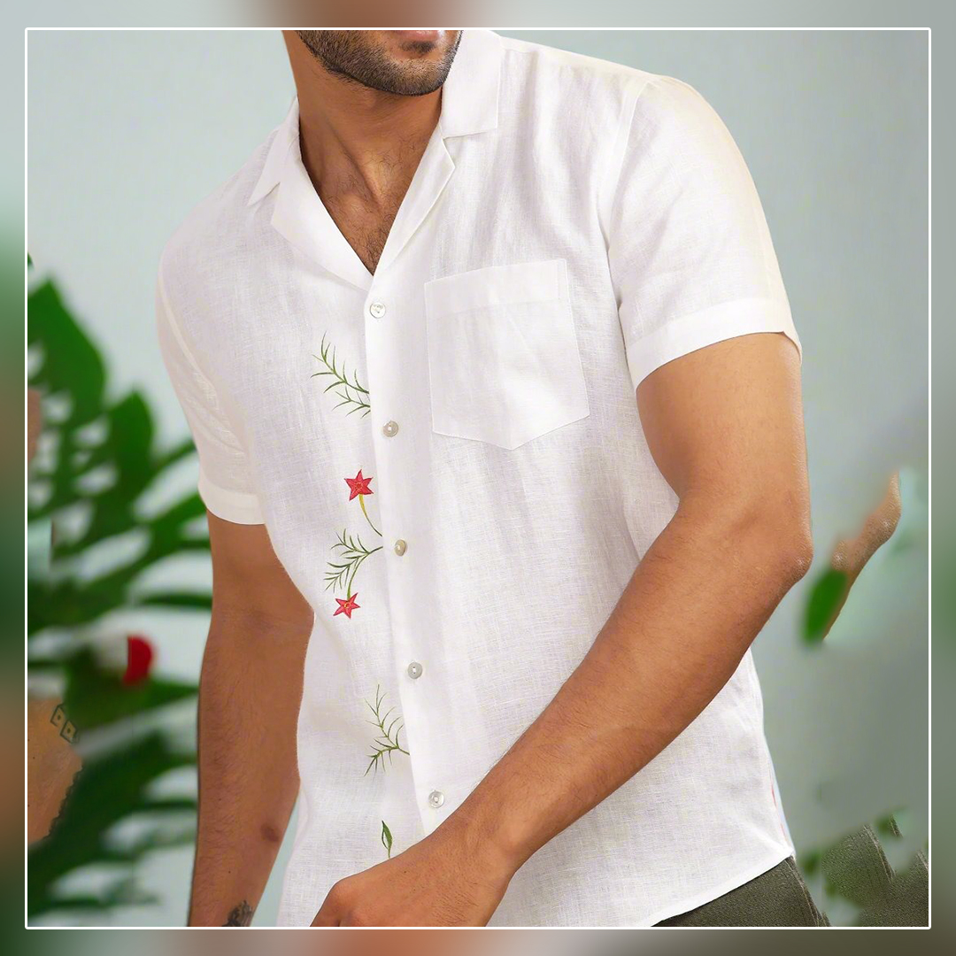 HAND-PAINTED LINEN HALF SLEEVE – SPREAD COLLAR WHITE SHIRT