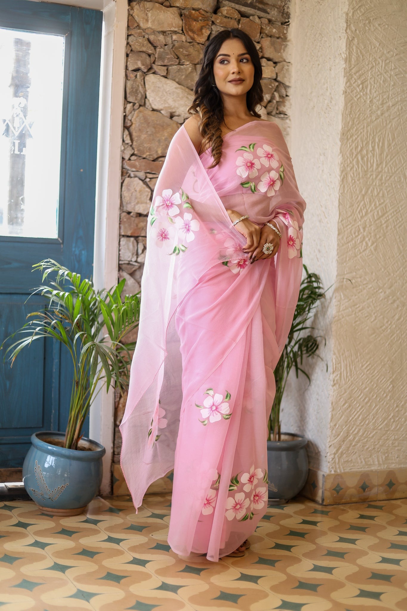 Petal Haze (Pink Chiffon Hand painted Saree)