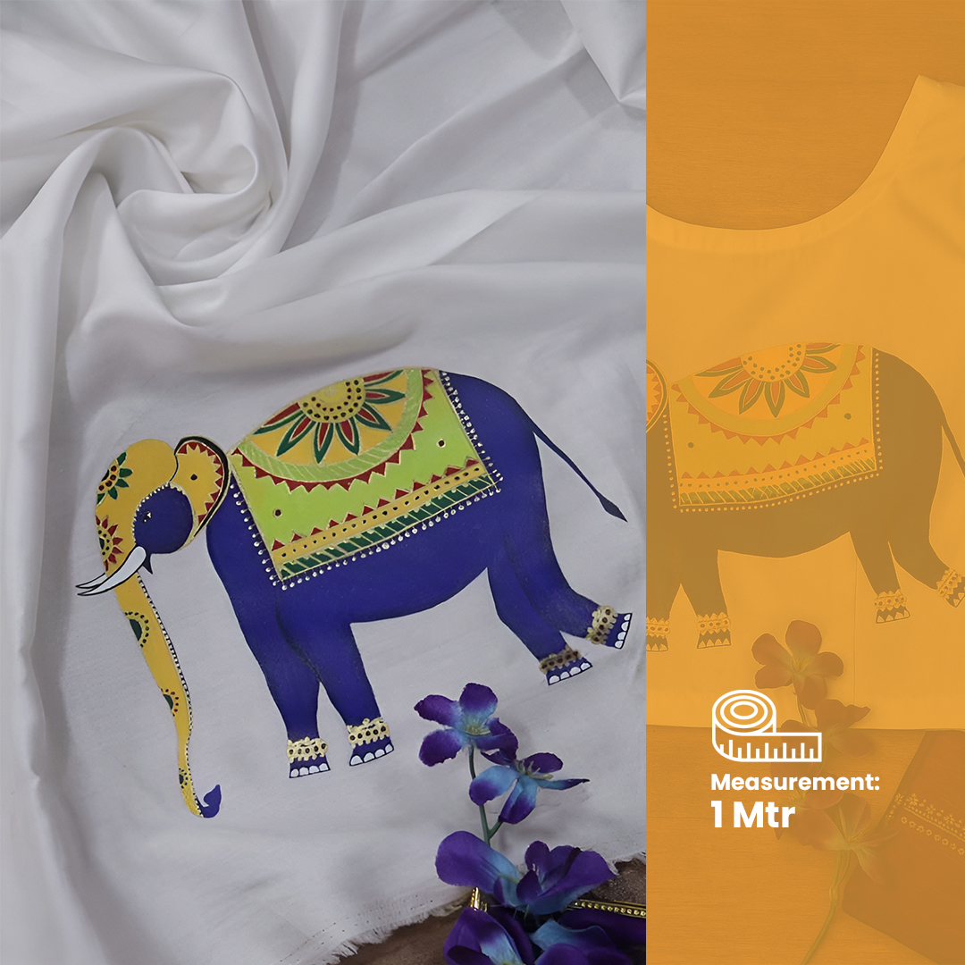 Off White Hand Painted Cotton Satin Elephant Design Blouse with elephant design
