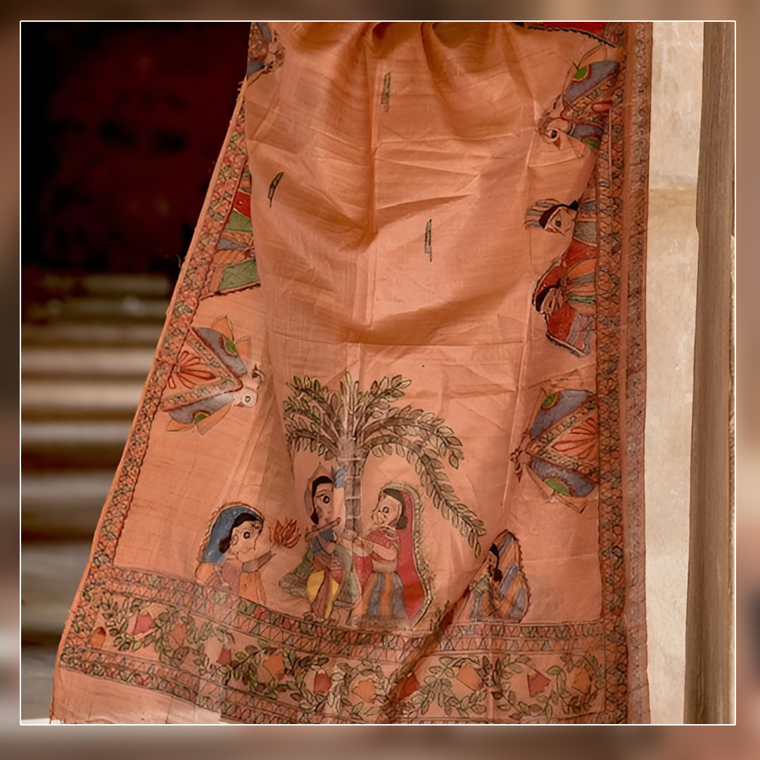 Madhubani Hand-painted Salmon Tussar Silk Dupatta Created By Design Dhaga