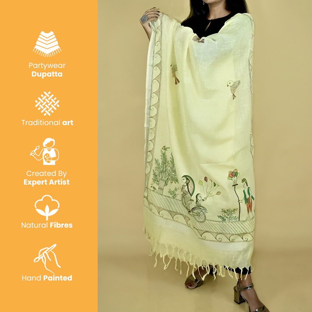 Madhubani Hand-painted By Design Dhaga Mother Daughter Linen Dupatta