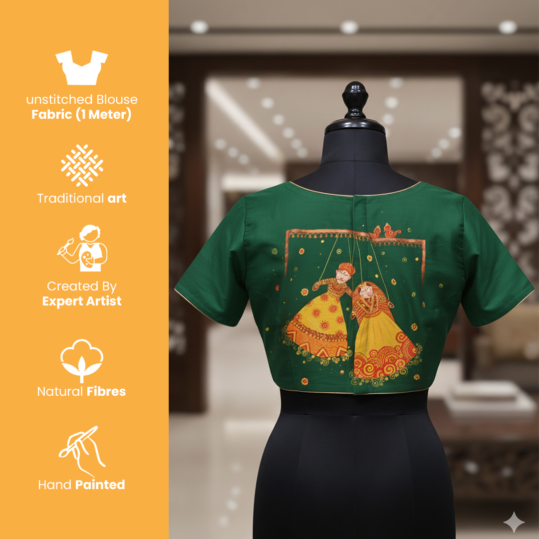 Green Hand Painted Design By Design Dhaga Cotton Satin Blouse Fabric