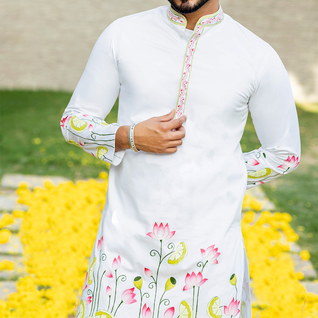 Hand Painted White Men’s Kurta Pajama