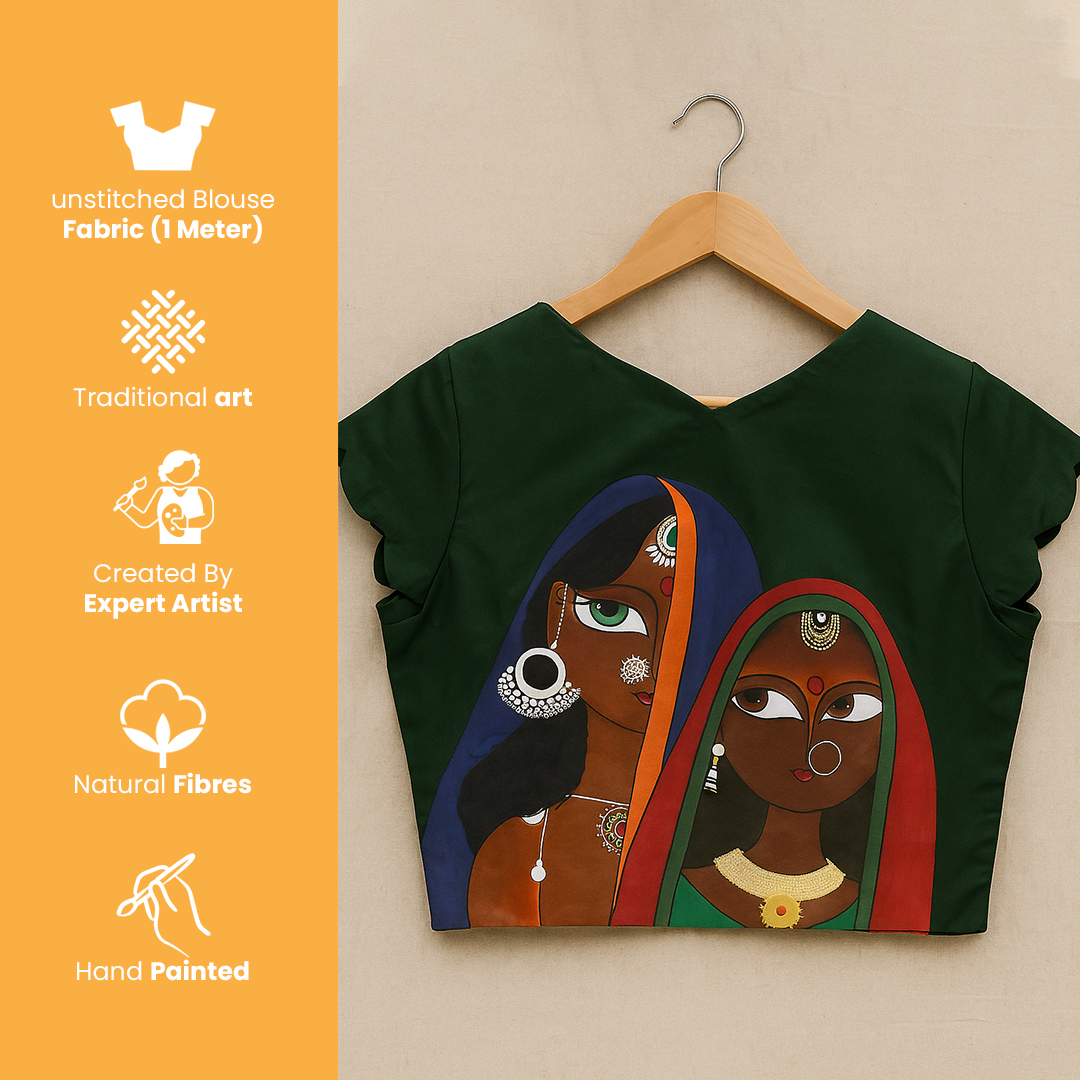Green Hand Painted Cotton Satin Blouse Fabric with modern art