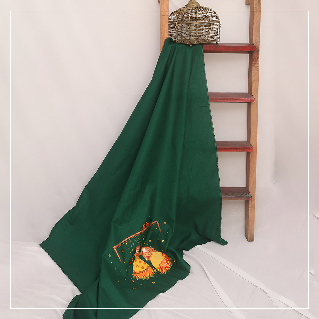 Green Hand Painted Design By Design Dhaga Cotton Satin Blouse Fabric