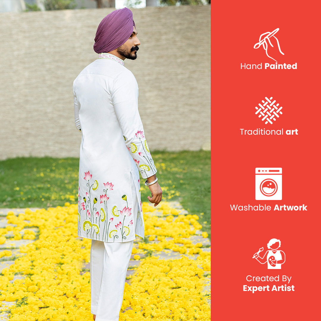 Hand Painted White Men’s Kurta Pajama