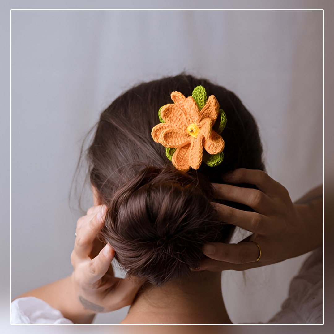 Handmade Crochet Hair stick - Mustard Camelia by Design Dhaga