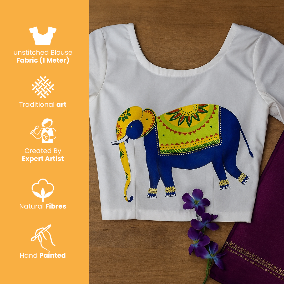 Off White Hand Painted Cotton Satin Elephant Design Blouse with elephant design