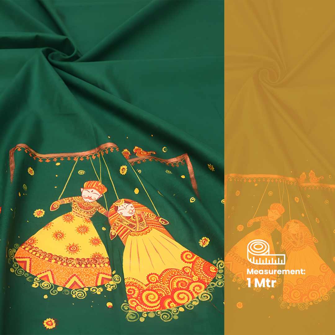 Green Hand Painted Design By Design Dhaga Cotton Satin Blouse Fabric