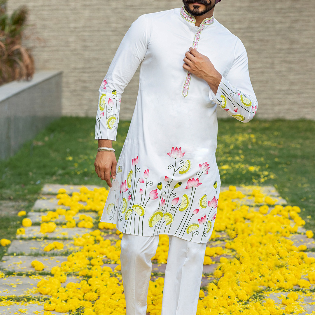Hand Painted White Men’s Kurta Pajama