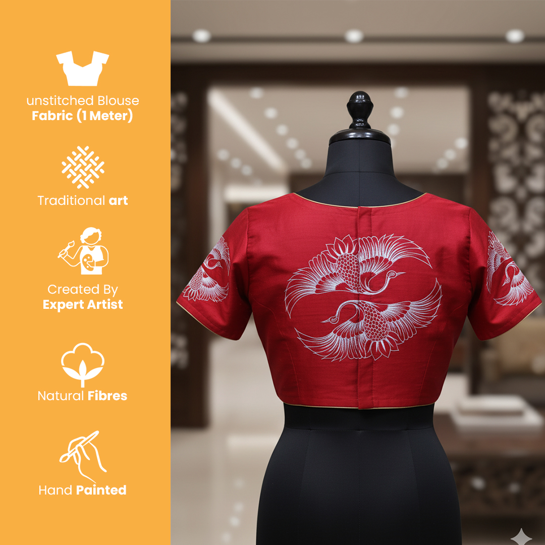 Red Hand Painted Cotton Satin Blouse Fabric