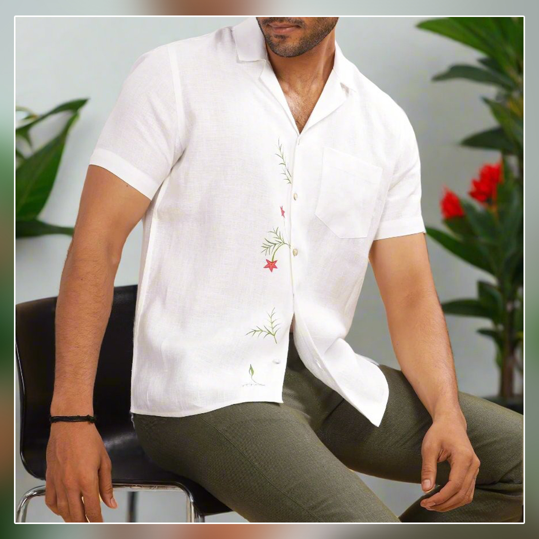 HAND-PAINTED LINEN HALF SLEEVE – SPREAD COLLAR WHITE SHIRT