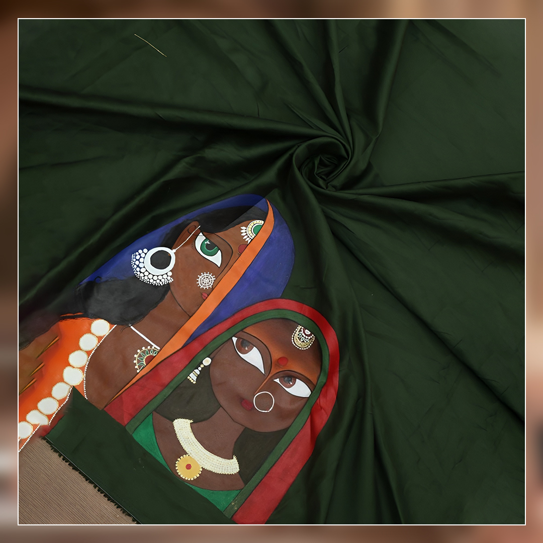 Green Hand Painted Cotton Satin Blouse Fabric with modern art