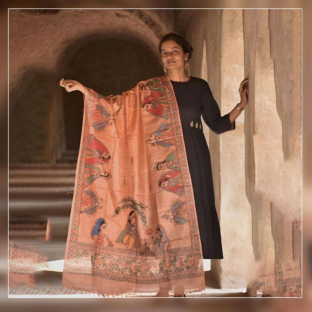 Madhubani Hand-painted Salmon Tussar Silk Dupatta Created By Design Dhaga
