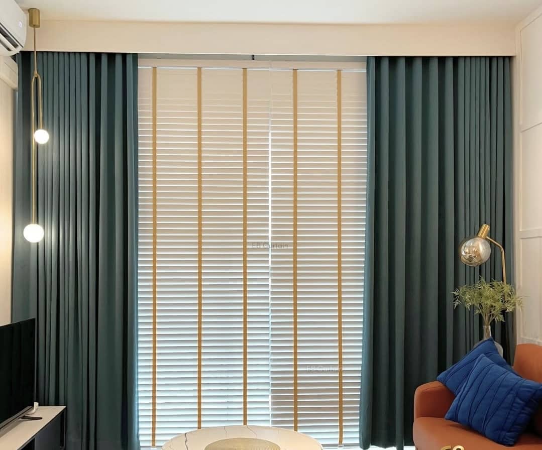 Timbar blinds with s. fold curtain