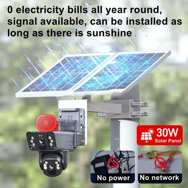 40W Solar Panel HD 4MP Security Dual Lens Wireless 4G SIM Card Outdoor PTZ CCTV Surveillance Camera O-KAM Pro