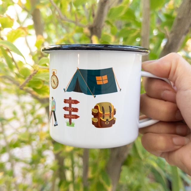 Let's Go Camping Enamel Mug with Silver Rim 12oz