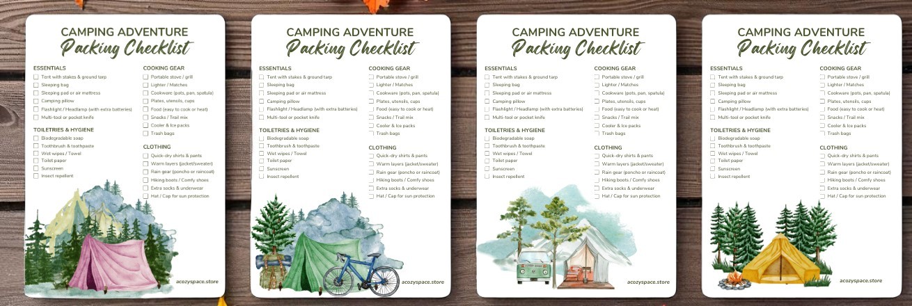 Camping Adventure Packing Checklist Set of 4