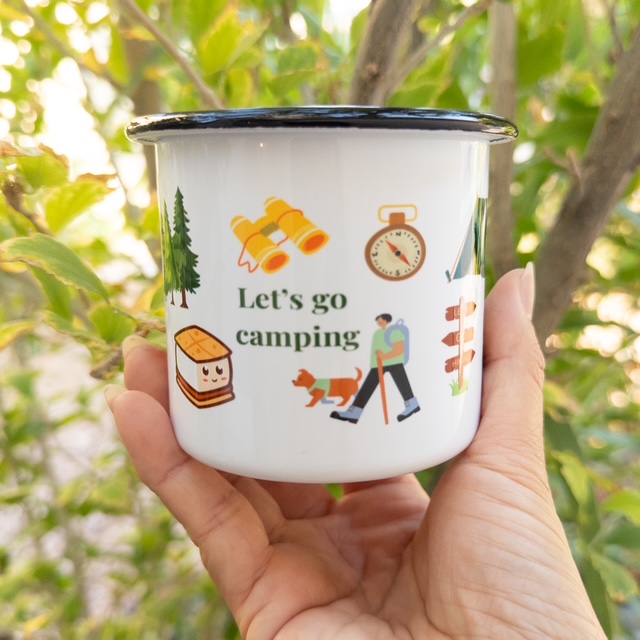 Let's Go Camping Enamel Mug with Silver Rim 12oz