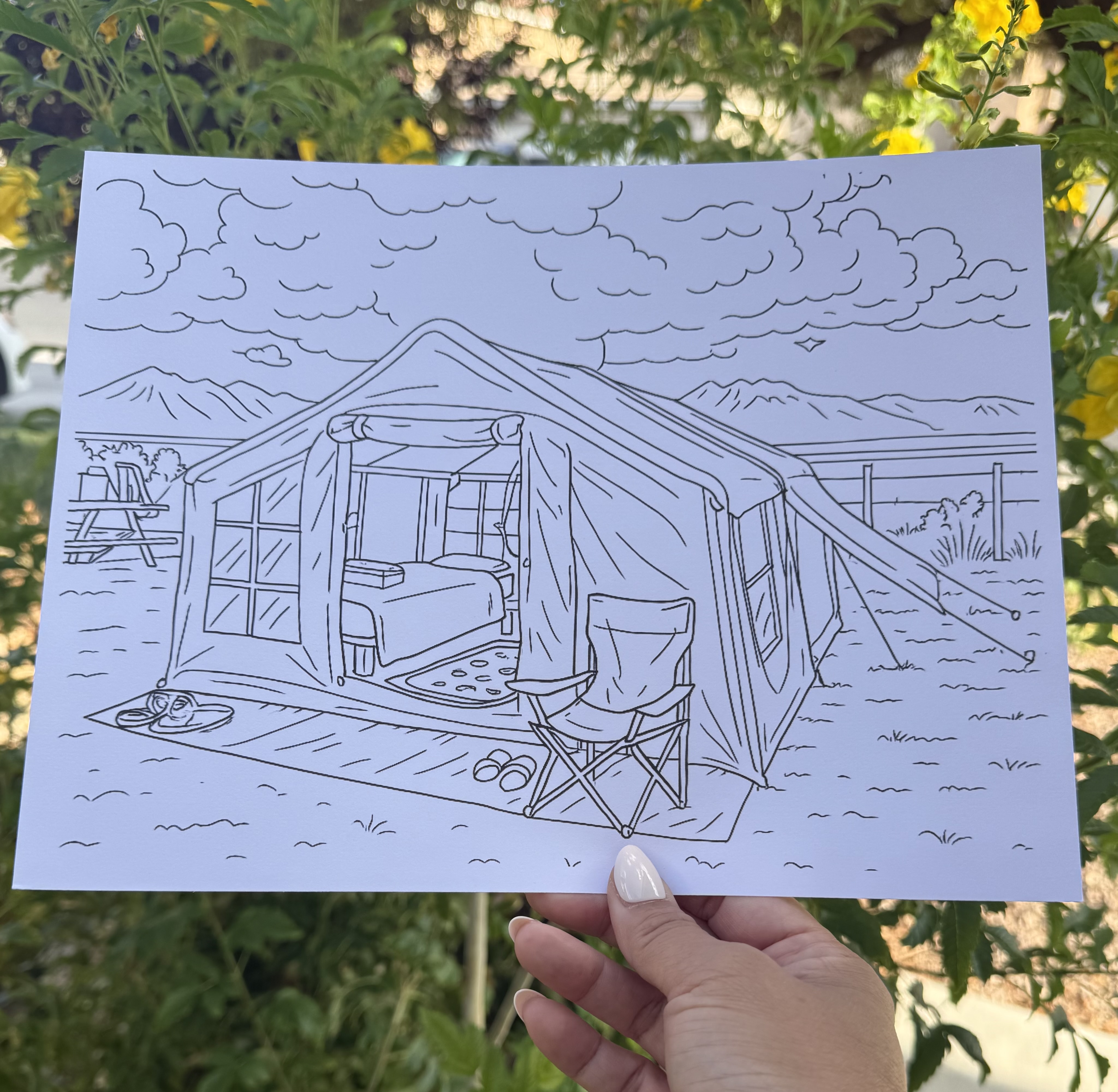 Camping Tent By the River Coloring Book Pages Set of 2 Printable PDF