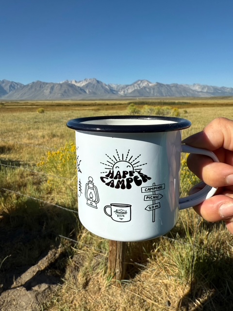 Happy Camper Enamel Mug with Silver Rim 12oz