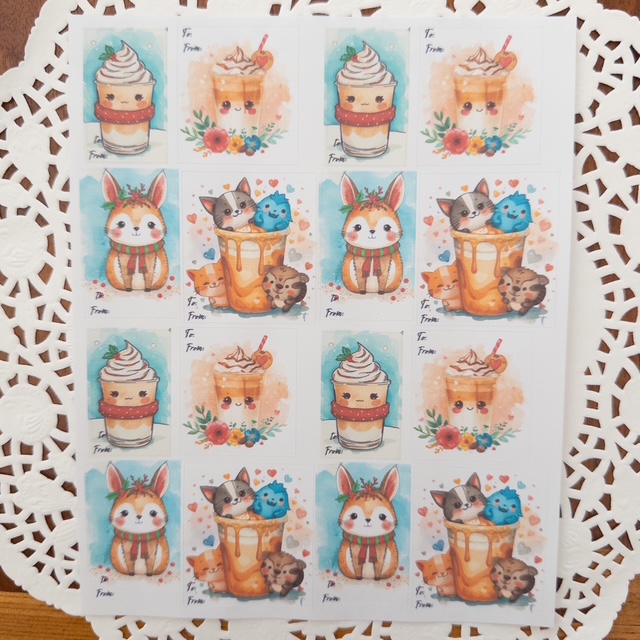 Cute Animal or Latte Drink Sticker Gift Tag Sheet To and From