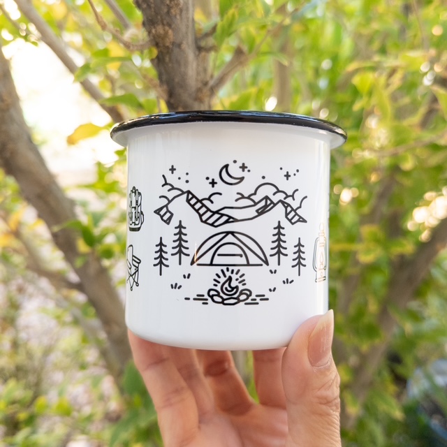 Happy Camper Enamel Mug with Silver Rim 12oz