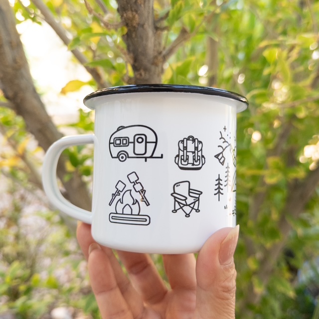 Happy Camper Enamel Mug with Silver Rim 12oz