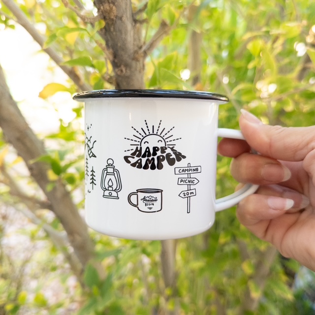 Happy Camper Enamel Mug with Silver Rim 12oz