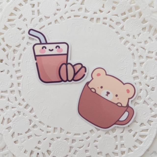 Cute Coffee and Bear Stickers Glossy Set of 2
