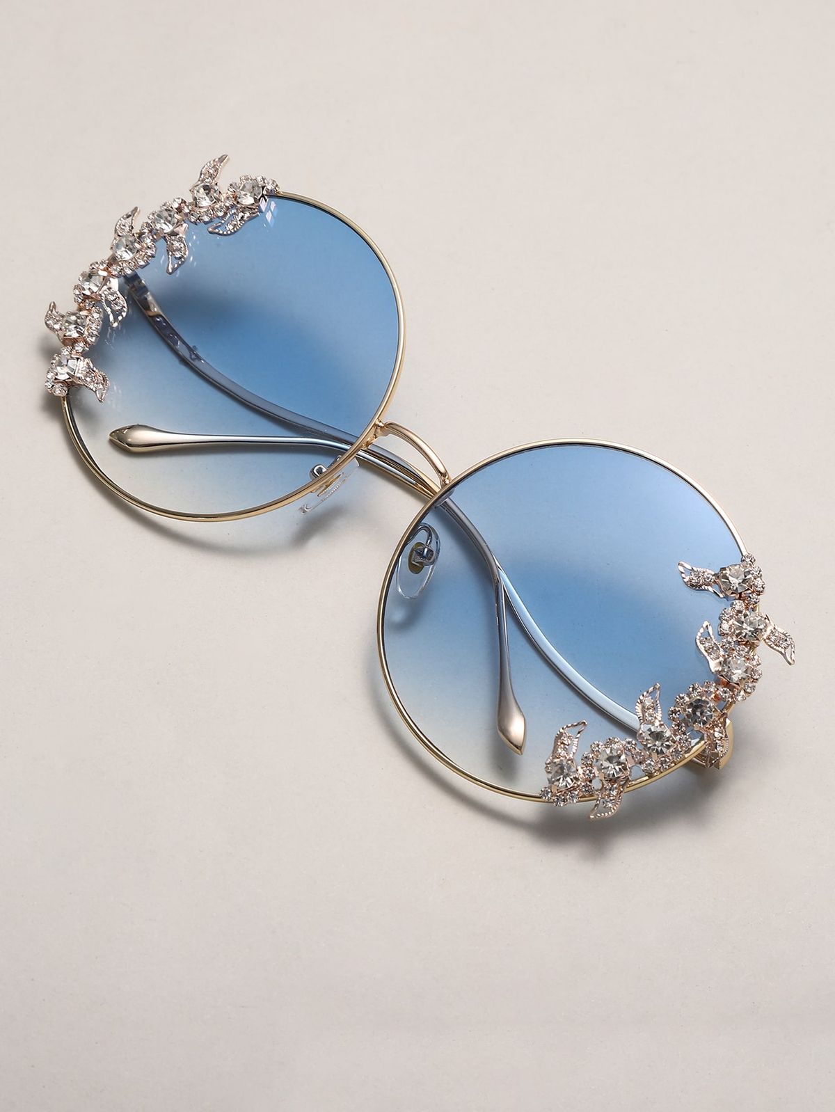 Blue Crystal Embellished Round Sunglasses