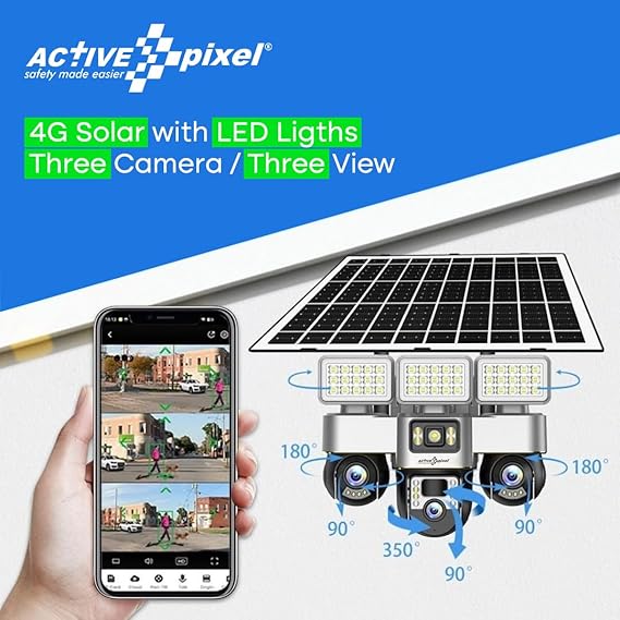 Active Pixel 4G Solar Powered 4MP CCTV Camera with 2+1 Lens | PTZ 360° Wireless Outdoor Security Camera with LED Floodlights | Motion Detection, SIM Card Slot, 2-Way Audio, IP66 Waterproof