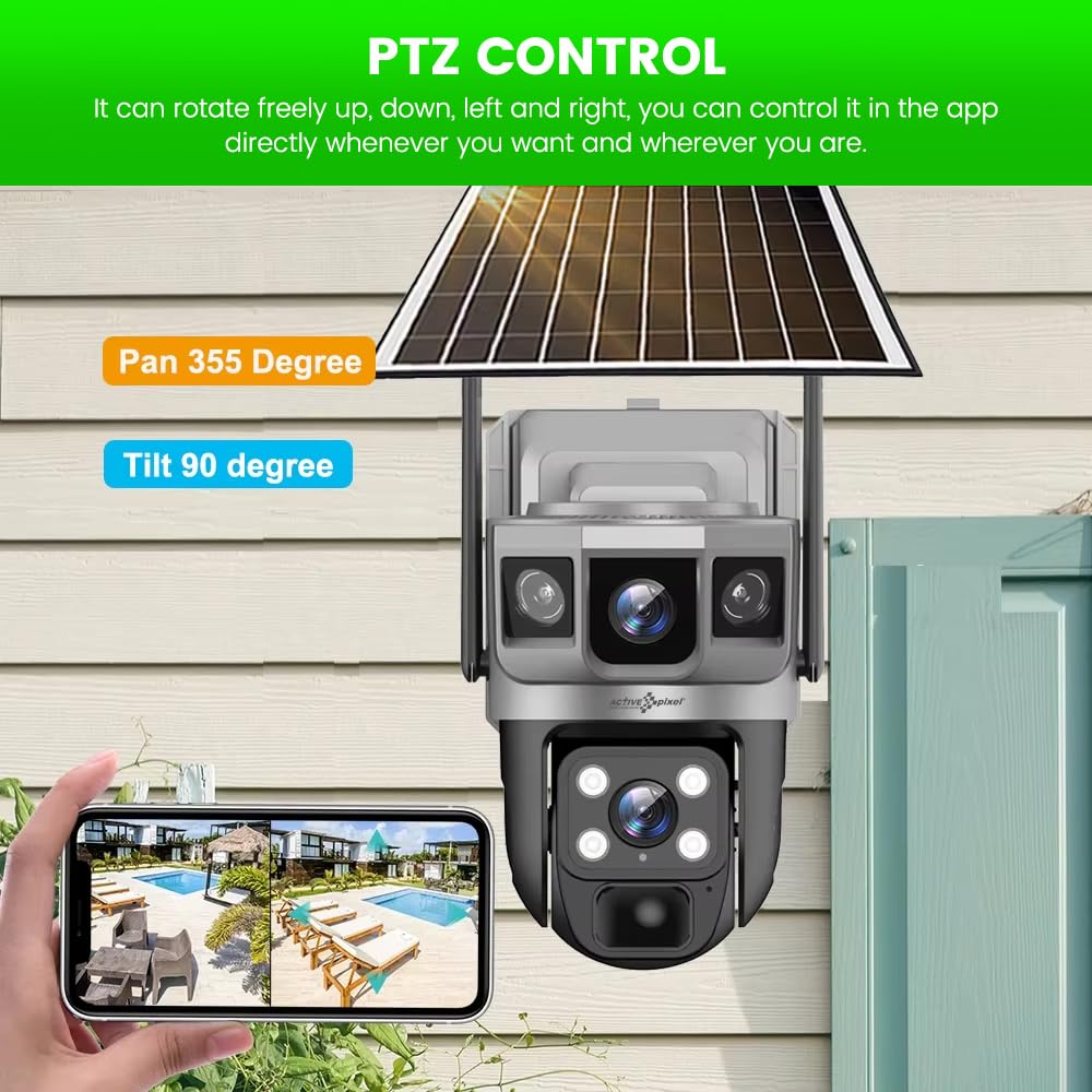 Active Pixel 4G Dual Camera 4mp+4mp Lens Solar Powered | 4G SIM | IP66 Waterproof | 2-Way Audio | (G5) Outdoor Surveillance for Agriculture,Construction Site,Farm,Garden etc (Solar Dual Lens).