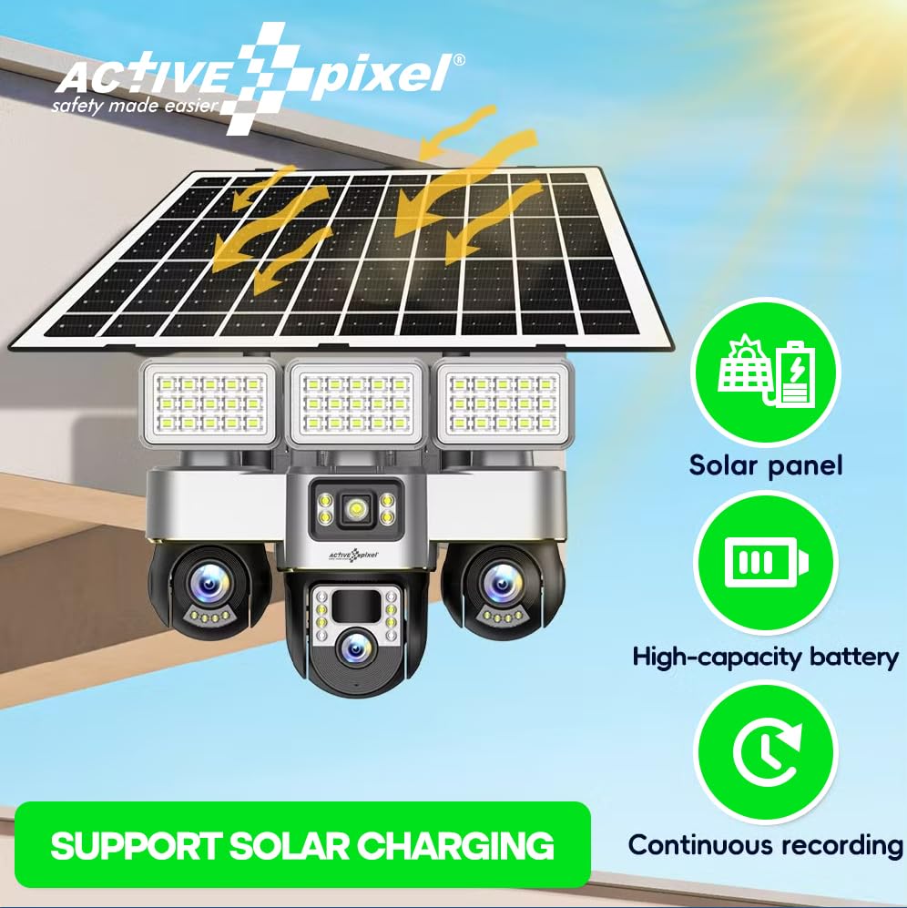 Active Pixel 4G Solar Powered 4MP CCTV Camera with 2+1 Lens | PTZ 360° Wireless Outdoor Security Camera with LED Floodlights | Motion Detection, SIM Card Slot, 2-Way Audio, IP66 Waterproof