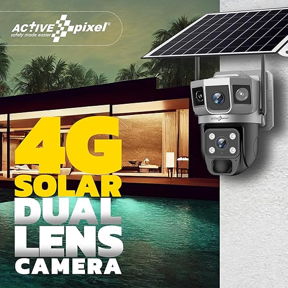 Active Pixel 4G Dual Camera 4mp+4mp Lens Solar Powered | 4G SIM | IP66 Waterproof | 2-Way Audio | (G5) Outdoor Surveillance for Agriculture,Construction Site,Farm,Garden etc (Solar Dual Lens).