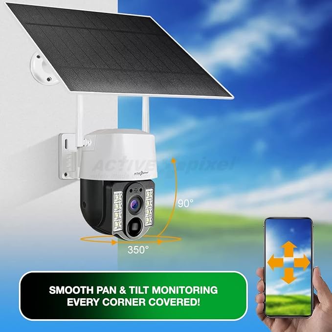 Active Pixel 4G 4mp Solar Battery Powered SIM Card Supported Wireless CCTV Security Camera, IP65 Waterproof, Two-Way Audio, PIR Motion Detection, Pan Tilt.