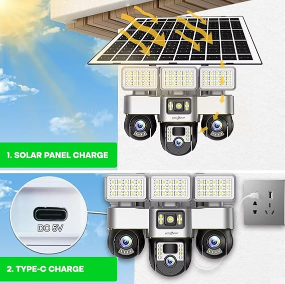 Active Pixel 4G Solar Powered 4MP CCTV Camera with 2+1 Lens | PTZ 360° Wireless Outdoor Security Camera with LED Floodlights | Motion Detection, SIM Card Slot, 2-Way Audio, IP66 Waterproof