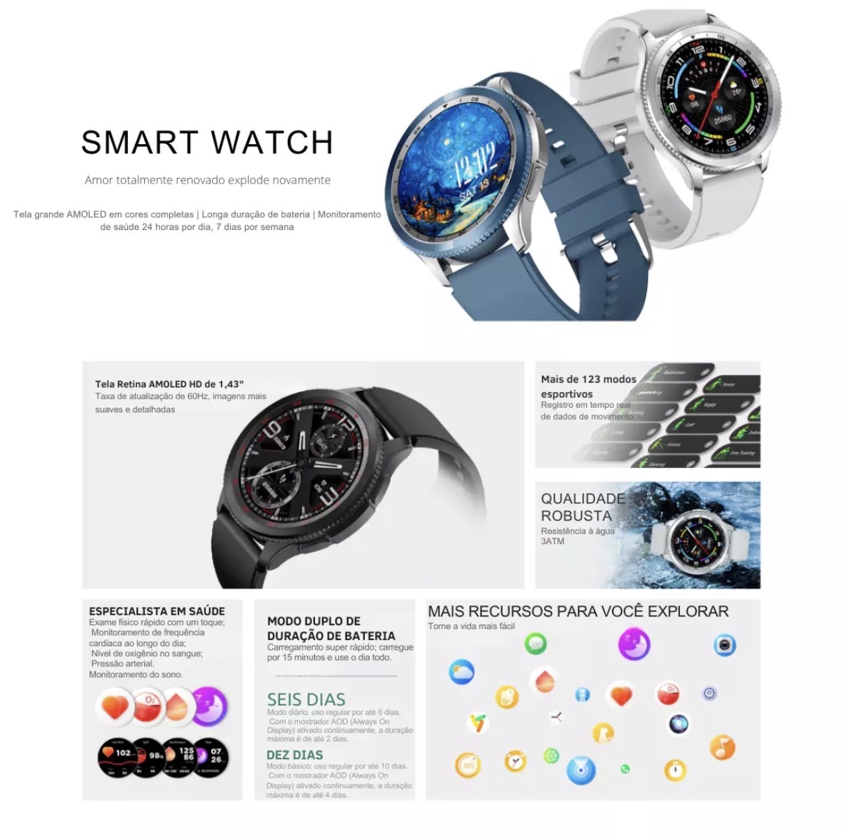 Smartwatch Peje Revo Amoled Pulseira Extra A Prova D'água